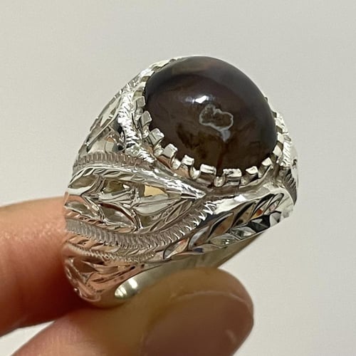 خاتم فضة رجالي بحجر عقيق خرائطي يماني طبيعي