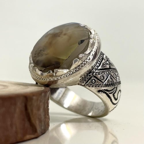 خاتم فضة رجالي بحجر عقيق يماني مصور طبيعي