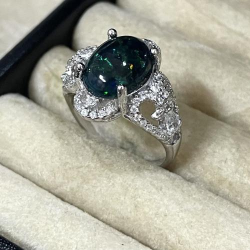 خاتم فضة نسائي بحجر اوبال اثيوبي مرصع زركون سويسري