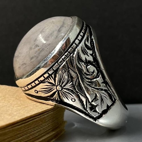 خاتم فضة رجالي بحجر عقيق بقراني يماني طبيعي