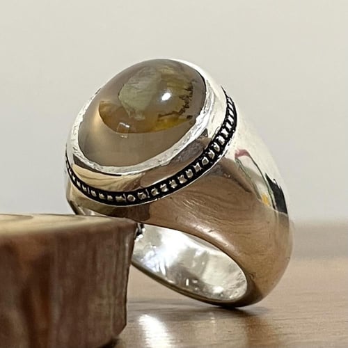 خاتم فضة رجالي بحجر عقيق مصور يماني طبيعي