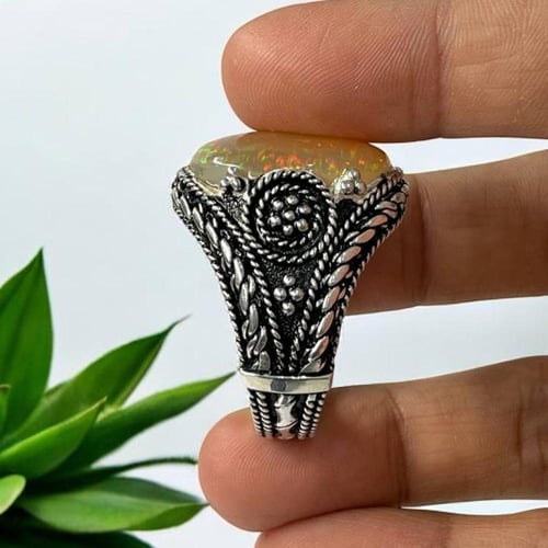 خاتم فضة رجالي بحجر اوبال اثيوبي طبيعي