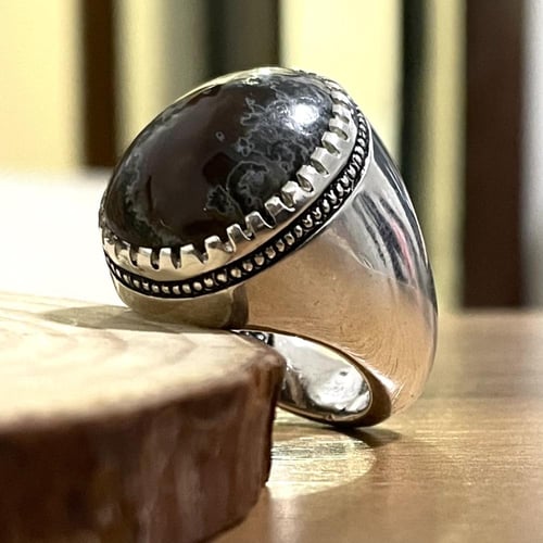 خاتم فضة رجالي بحجر عقيق خرائطي يماني طبيعي
