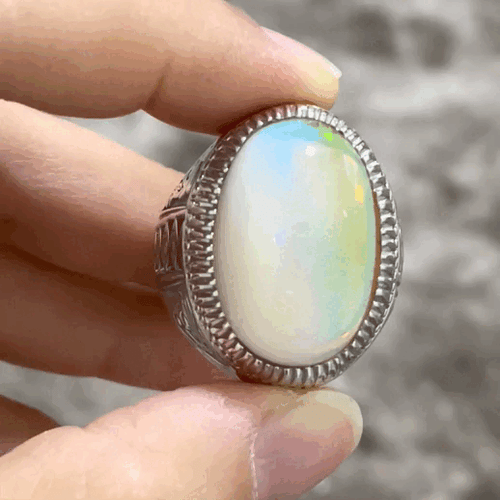 خاتم فضة رجالي بحجر اوبال اثيوبي طبيعي