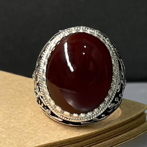 خاتم فضة رجالي بحجر عقيق كبدي يماني طبيعي