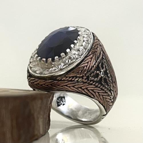 خاتم فضة رجالي مشغول مع نحاس احمر بحجر زفير افريقي