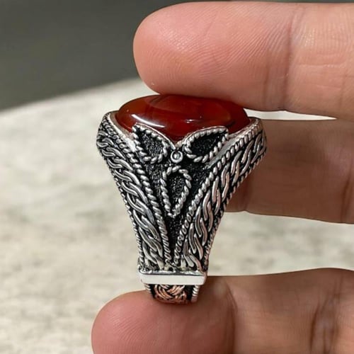 خاتم فضة رجالي بحجر عقيق رماني زعفراني طبيعي
