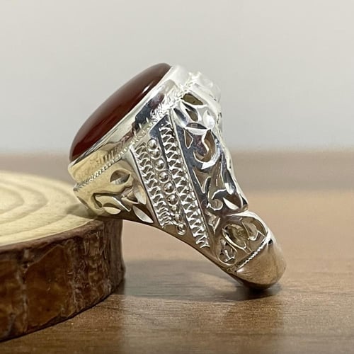 خاتم فضة رجالي بحجر عقيق يماني مشمشي طبيعي