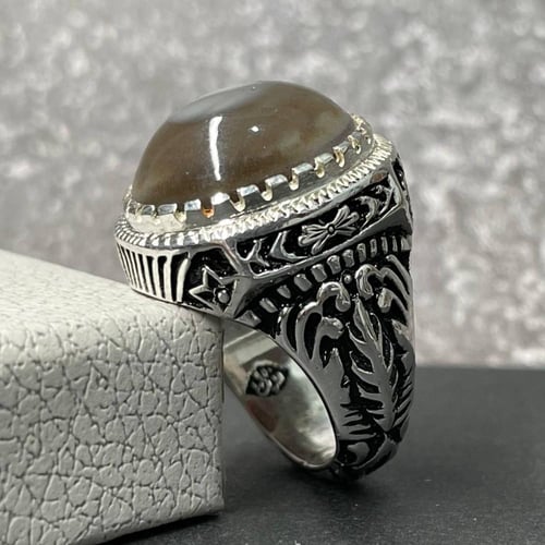 خاتم فضة رجالي بحجر عقيق سليماني طبيعي