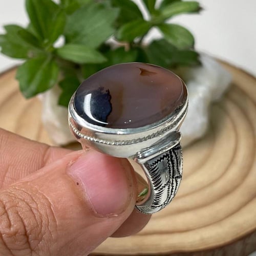 خاتم فضة رجالي بحجر عقيق مشجر يماني طبيعي