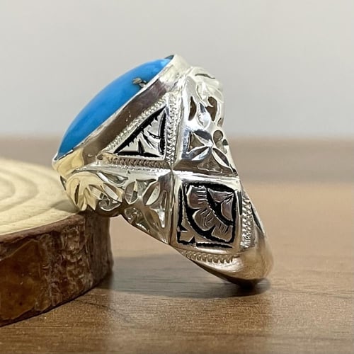 خاتم فضة رجالي بحجر فيروز كرماني طبيعي