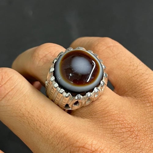 خاتم فضة رجالي بحجر عقيق سليماني بقراني يماني طبيع...