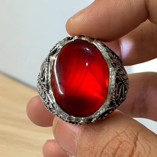 خاتم فضة رجالي بحجر عقيق كرزي يماني طبيعي