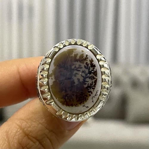 خاتم فضة رجالي بحجر عقيق مشجر يماني طبيعي