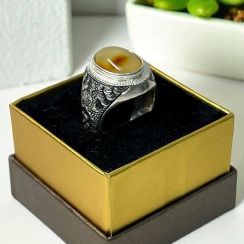 خاتم فضة رجالي بحجر كهرمان بولندي طبيعي