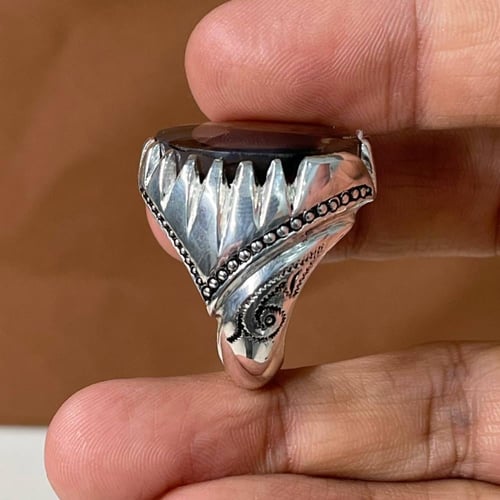 خاتم فضة رجالي بحجر عقيق مصور يماني طبيعي