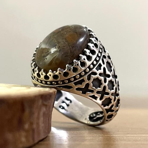 خاتم فضة رجالي بحجر عقيق يماني خرائطي طبيعي