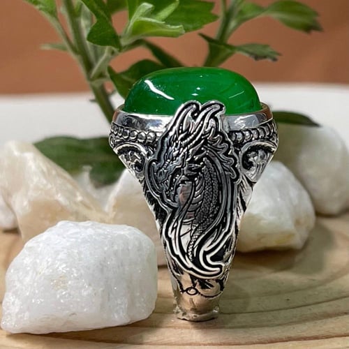 خاتم فضة رجالي بحجر جاد بورمي طبيعي بشهادة