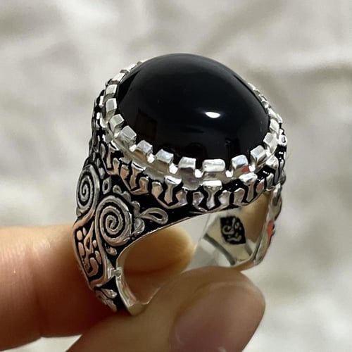 خاتم فضة رجالي بحجر جزع يماني اسود طبيعي