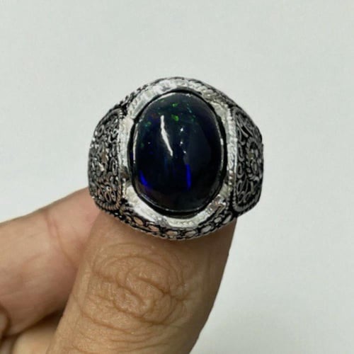 خاتم فضة رجالي بحجر اوبال اثيوبي طبيعي