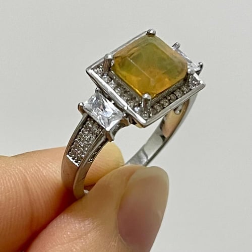 خاتم فضة نسائي بحجر زفير افريقي اصفر مرصع زركون سو...