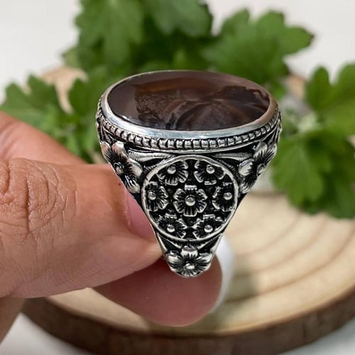 خاتم فضة رجالي بحجر عقيق مشجر يماني طبيعي