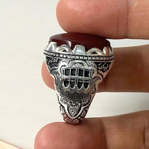 خاتم فضة رجالي بحجر عقيق كرزي طبيعي