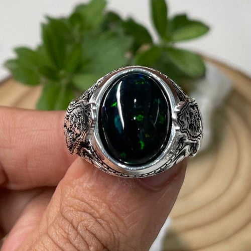 خاتم فضة رجالي بحجر اوبال اثيوبي طبيعي