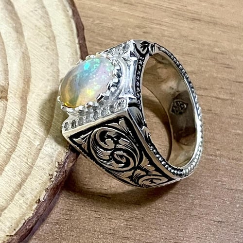 خاتم فضة رجالي بحجر اوبال اثيوبي طبيعي مرصع الماس...