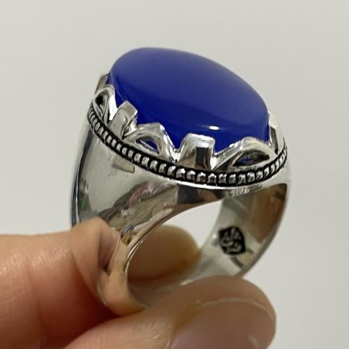 خاتم فضة رجالي بحجر عقيق ازرق يماني