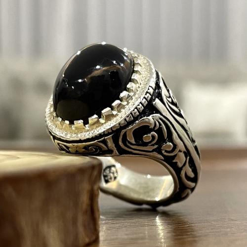 خاتم فضة رجالي بحجر جزع يماني اسود طبيعي