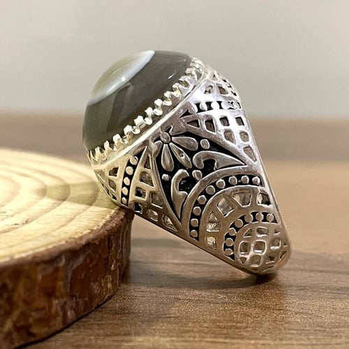 خاتم فضة رجالي بحجر عقيق سليماني طبيعي