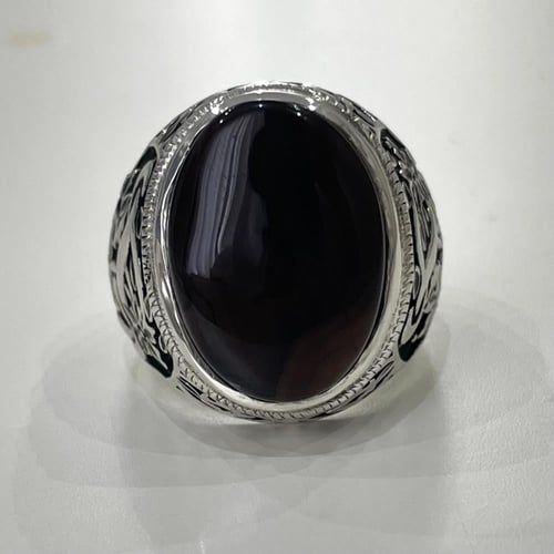 خاتم فضة رجالي بحجر عقيق جزع يماني طبيعي