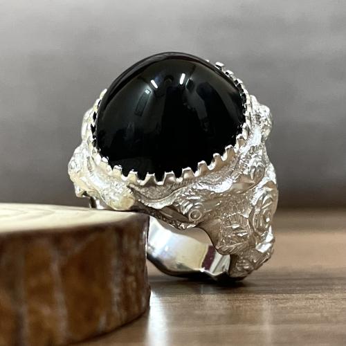 خاتم فضة رجالي بحجر عين الملكة طبيعي