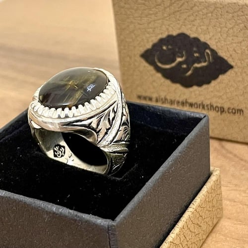 خاتم فضة رجالي بحجر جزع يماني طبيعي