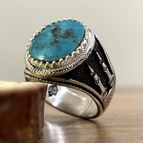 خاتم فضة رجالي بحجر فيروز نيشابوري طبيعي