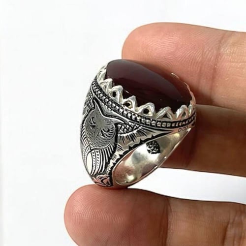 خاتم فضة رجالي بحجر عقيق كرزي طبيعي