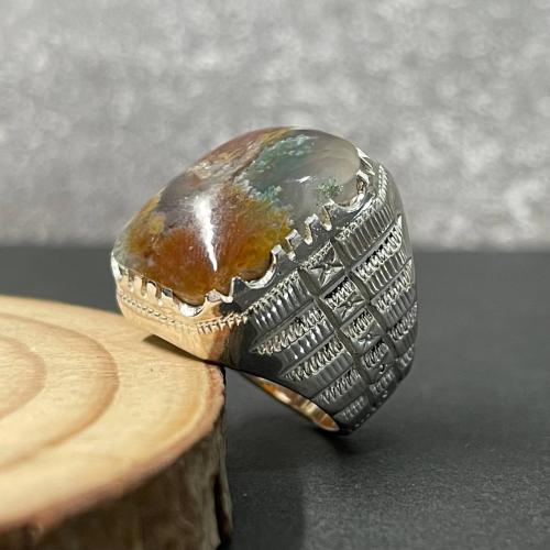 خاتم فضة رجالي بحجر عقيق ورد الربيع طبيعي