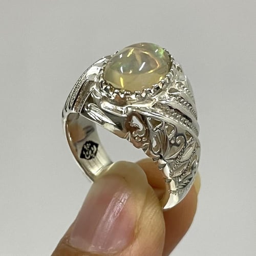 خاتم فضة رجالي بحجر اوبال اثيوبي طبيعي