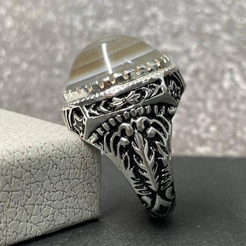 خاتم فضة رجالي بحجر عقيق سليماني طبيعي