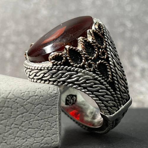 خاتم فضة رجالي بحجر عقيق كرزي يماني طبيعي