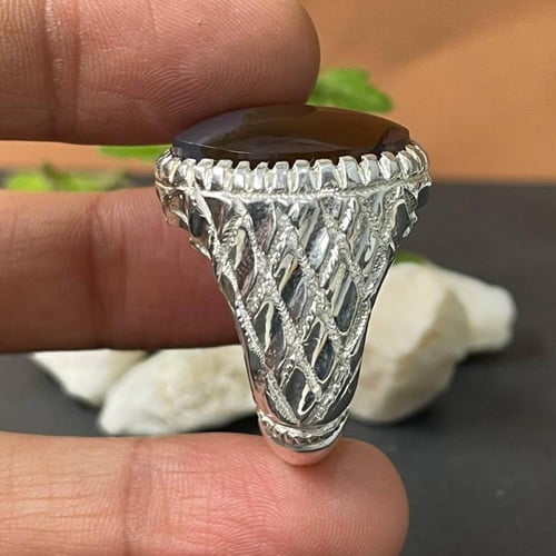 خاتم فضة رجالي بحجر عقيق مصور يماني طبيعي
