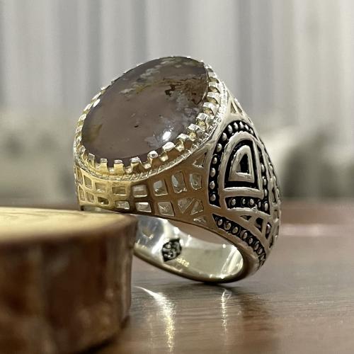 خاتم فضة رجالي بحجر عقيق ورد الربيع الطبيعي