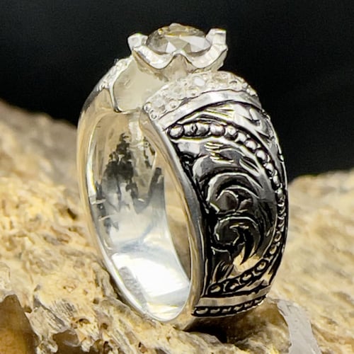 خاتم فضة رجالي بحجر الماس طبيعي مرصع الماس طبيعي