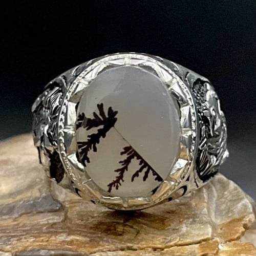 خاتم فضة رجالي بحجر عقيق يماني مشجر طبيعي