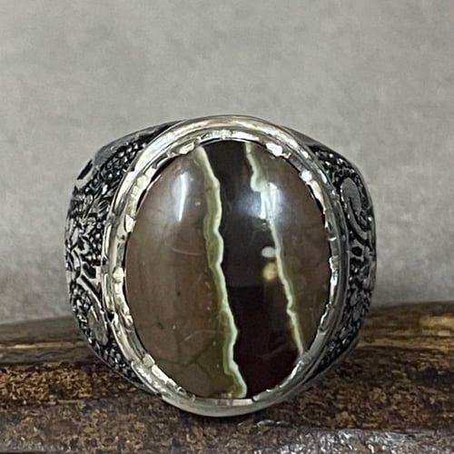 خاتم فضة رجالي بحجر عقيق خرائطي يماني