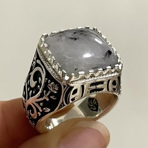 خاتم فضة رجالي بحجر عقيق مسماري طبيعي