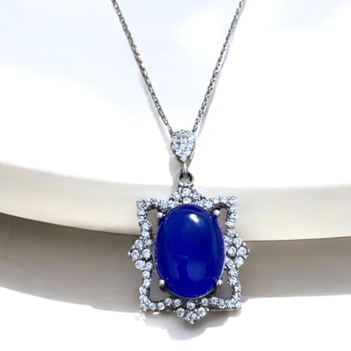 قلادة فضة نسائية بحجر عقيق ازرق مرصع زركون سويسري