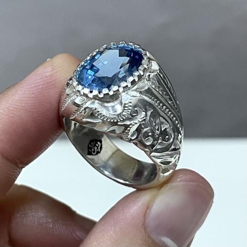 خاتم فضة رجالي بحجر توباز برازيلي لون سويسري