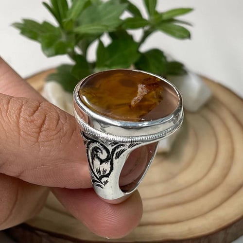 خاتم فضة رجالي بحجر عقيق مصور يماني طبيعي